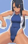  1girl absurdres armpits ass_visible_through_thighs bare_arms black_hair blue_background blue_one-piece_swimsuit blush breasts brown_eyes cameltoe closed_mouth collarbone commentary competition_swimsuit dark-skinned_female dark_skin groin hair_between_eyes hair_ornament hairclip highres ijiranaide_nagatoro-san lips long_hair medium_breasts mori_makoto nagatoro_hayase one-piece_swimsuit powerpuff_girls_z shiny_skin simple_background sitting smile solo straight_hair swimsuit tan thighs upturned_eyes very_long_hair wet 