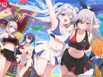  4girls algerie_(azur_lane) alternate_costume arm_behind_back armpits arms_up asymmetrical_hair azur_lane black_skirt blue_footwear bow breasts cheerleader cleavage closed_mouth cross-laced_footwear cross_hair_ornament drill_hair dunkerque_(azur_lane) fang foch_(azur_lane) grey_hair hair_bow hair_ornament hair_over_one_eye holding holding_pom_poms leg_up long_hair looking_at_viewer medium_breasts multicolored_hair multiple_girls navel official_art open_mouth pom_pom_(cheerleading) short_hair skirt smile socks sportswear stomach suffren_(azur_lane) tousaki_shiina twin_drills white_hair white_skirt white_socks 