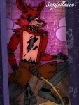  animatronic anthro blush bodily_fluids canid canine five_nights_at_freddy&#039;s fox foxy_(fnaf) machine male mammal peeing peeing_on_ground robot sagefullmoon scottgames solo sweat 