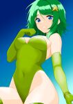  1girl absurdres aged_up blue_eyes blush breasts elbow_gloves final_fantasy final_fantasy_iv gloves green_hair green_leotard green_thighhighs groin highleg highleg_leotard highres leotard long_hair looking_at_viewer rydia_(ff4) smile solo thighhighs yuuyuu_(3jjbn) 