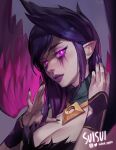  1girl artist_name breasts cleavage commentary detached_collar eyeshadow fingernails highres instagram_username league_of_legends lipstick long_hair looking_at_viewer makeup morgana_(league_of_legends) nail_polish pointy_ears purple_eyes purple_eyeshadow purple_hair purple_nails purple_wings simple_background smile solo suisui_again upper_body wings 
