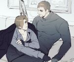  05_(link83601636) 2boys bara beard_stubble chris_redfield cigarette couch couple eye_contact facial_hair feet_out_of_frame hair_over_one_eye holding_hands jacket jacket_on_shoulders leon_s._kennedy looking_at_another male_focus mature_male multiple_boys mustache_stubble on_couch on_lap on_person pectoral_cleavage pectorals resident_evil resident_evil_6 short_hair smoking stubble thick_eyebrows yaoi 