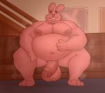  anthro belly bodily_fluids cartoon_network gabgbb lagomorph leporid living_room male mammal musk_clouds obese overweight pink_body rabbit richard_watterson solo sweat sweaty_body the_amazing_world_of_gumball thick_thighs 