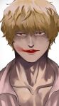  1boy 2elu2 absurdres blonde_hair collarbone donquixote_rocinante highres looking_at_viewer male_focus one_piece pink_shirt red_eyes red_lips shirt short_hair simple_background solo upper_body white_background 