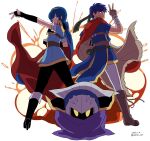  3boys bandaged_arm bandages black_footwear black_gloves blue_eyes blue_hair boots brown_footwear brown_gloves cape closed_mouth crossover dated explosion fingerless_gloves fire_emblem fire_emblem:_mystery_of_the_emblem fire_emblem:_path_of_radiance gloves headband ike_(fire_emblem) kirby_(series) looking_at_viewer male_focus marth_(fire_emblem) meta_knight multiple_boys open_mouth oshi_taberu pants short_sleeves simple_background super_smash_bros. twitter_username white_background 
