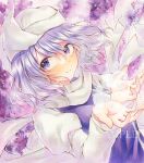  1girl alto2019 blue_vest juliet_sleeves letty_whiterock long_sleeves looking_at_viewer marker_(medium) puffy_sleeves purple_eyes purple_hair sample_watermark scarf shirt solo touhou traditional_media vest watermark white_headwear white_scarf white_shirt 