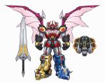  absurdres arms_at_sides chinese_commentary clenched_hands commentary_request highres mecha megazord mighty_morphin_power_rangers no_humans onion_maru power_rangers robot science_fiction shield sitting standing super_robot sword tokusatsu weapon white_background wings yellow_eyes 