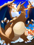  blue_eyes blue_sky breathing_fire charizard claws cloud commentary fangs fangs_out fire horns kou11021301 long_neck looking_ahead no_humans on_ground outdoors pokemon sky standing symbol-only_commentary wings 