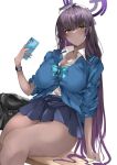  1girl bag black_bag blue_archive blue_skirt blush breasts cellphone closed_mouth collared_shirt commentary_request dark-skinned_female dark_skin halo highres holding holding_phone indoors karin_(blue_archive) large_breasts long_hair long_sleeves looking_at_viewer mutou_mame phone purple_hair shirt shirt_tucked_in shoulder_bag simple_background sitting skirt smartphone solo thighs white_background white_shirt yellow_eyes 