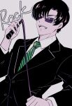  1boy :d black_hair green_necktie holding holding_whip long_sleeves male_focus necktie purple_eyes rock_(character) short_hair simple_background smile solo striped_necktie suit sunglasses vampire_(tezuka) 