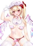  1girl ama_i_zzz baby_bottle blonde_hair bottle breasts cleavage commentary crystal flandre_scarlet gloves hat heart highres looking_at_viewer medium_breasts mob_cap navel one_side_up open_mouth panties pasties pointy_ears red_eyes red_panties solo teeth thighhighs touhou underwear upper_teeth_only white_gloves white_headwear white_thighhighs wings 