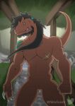  accessory aledon_rex allosaurid allosaurus anthro black_hair bluewollvieh brown_body brown_scales claws dinosaur hair hair_accessory hair_tie hot_spring male muscular muscular_male plant ponytail reptile scales scalie scar slit smile solo stones teeth theropod towel water 
