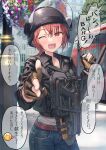  1girl :d baton_(weapon) combat_helmet denim fingerless_gloves gloves gun helmet highres jacket jeans kel-tec_p50 load_bearing_vest looking_at_viewer low_ponytail one_eye_closed orange_eyes original pants partially_fingerless_gloves pointing pointing_at_viewer red_hair samaru_(seiga) smile speech_bubble submachine_gun translation_request visor_lift weapon weapon_request 