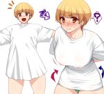  1girl ? arms_behind_back baggy_clothes before_and_after blonde_hair blush breasts collarbone covered_nipples fukuda_noriko green_panties highres idolmaster idolmaster_million_live! large_breasts looking_at_viewer meme multiple_views namidame no_bra no_pants nose_blush outstretched_arms oversized_clothes oversized_shirt pajamas_challenge_(meme) panties shirt short_sleeves simple_background smile solo spoken_question_mark transparent_background underwear white_shirt 