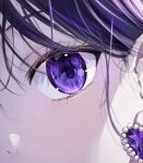  1girl close-up commentary earrings eye_focus eyelashes jewelry light_particles looking_at_viewer mahiru_yura original portrait purple_eyes purple_hair solo symbol-only_commentary 
