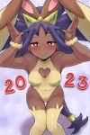  1girl 2023 absurdres animal_ears armpits artsheops bare_shoulders big_hair blush breasts chinese_zodiac cleavage_cutout closed_mouth clothing_cutout cosplay cowboy_shot dark-skinned_female dark_skin dated fake_animal_ears gradient_background heart heart-shaped_pupils highres iris_(pokemon) leotard long_hair looking_at_viewer lopunny lopunny_(cosplay) medium_breasts pokemon pokemon_(game) pokemon_bw2 polka_dot polka_dot_background purple_background purple_hair rabbit_ears rabbit_pose red_eyes scrunchie sleeveless smile solo sparkle_background standing symbol-shaped_pupils thigh_gap thighhighs very_long_hair wrist_scrunchie year_of_the_rabbit yellow_leotard yellow_thighhighs 