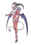  1girl absurdres bat_wings black_horns body_fur breasts closed_mouth colored_skin dragon_quest dragon_quest_v full_body glasses goat_horns goat_tail grey_fur grey_hair highres hooves horns long_hair medium_breasts messala_(dragon_quest) navel personification pink_skin pointy_ears powerhamuhamu purple_wings round_eyewear simple_background solo standing white_background wings yellow_eyes 