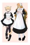  2girls absurdres alternate_costume anger_vein animal_ear_fluff animal_ear_legwear animal_ears apron back_bow black_dress black_footwear black_thighhighs blonde_hair bow cat_ear_legwear cat_ears cat_tail closed_eyes closed_mouth collared_dress don_quixote_(limbus_company) dress enmaided footwear_bow freckles frilled_apron frills full_body hair_between_eyes heart heart_hands highres ishmael_(limbus_company) juliet_sleeves kemonomimi_mode korean_commentary limbus_company loafers long_dress long_hair long_sleeves looking_at_viewer maid maid_headdress multiple_girls open_mouth orange_eyes project_moon puffy_sleeves shoes short_hair simple_background smile socks standing tail thighhighs very_long_hair vvindyday white_apron white_bow white_socks yellow_eyes 