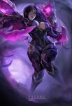  1girl artist_name bodysuit breasts crystal highres kai&#039;sa large_breasts league_of_legends long_hair looking_at_viewer purple_eyes purple_hair solo teeth wings wulben 