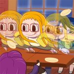  3girls afterimage blonde_hair blue_eyes blue_hair bottle cup drinking_glass drunk holding holding_bottle jacket kasugano_urara_(yes!_precure_5) kibou_no_chikara_~otona_precure_&#039;23~ long_hair lowres mimino_kurumi minazuki_karen multiple_girls n-master on_table plate purple_hair purple_jacket shun_goku_satsu spill table wine_glass yellow_jacket 