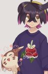  1boy ahoge black_hair character_print closed_mouth commentary_request crossed_bangs dipplin flower_(symbol) furret hair_between_eyes hairband highres holding holding_pokemon hykchiba kieran_(pokemon) male_focus mole mole_on_neck pokemon pokemon_(creature) pokemon_(game) pokemon_sv purple_sweater short_hair sweater yellow_eyes yellow_hairband 