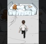  1boy 1girl absurdres akira_movie_poster bed black_pants brown_hair crack cracked_floor facing_away feet gunshad highres ikari_shinji lying neon_genesis_evangelion on_side pants pillow scene_reference shirt signature souryuu_asuka_langley under_covers walking white_shirt 