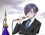  1boy alternate_universe bad_end black_jacket blue_necktie collared_shirt highres hookah jacket library_of_ruina long_sleeves mu46016419 necktie project_moon purple_hair shirt simple_background smoke solo white_background white_shirt wing_collar yesod_(project_moon) 