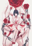  1girl absurdres black_hair blood dress flower hand_focus highres looking_at_viewer neg_(101neg) original red_eyes red_flower red_footwear red_rose rose short_hair sitting solo thorns white_background white_dress 