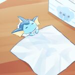  =_= animal_focus blanket box brown_background character_print chibi closed_eyes commentary_request cubchoo from_above highres indoors lying neko_gyoza no_humans no_mouth on_back on_floor partial_commentary pokemon pokemon_(creature) see-through_silhouette sleeping solo vaporeon 