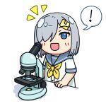  blue_eyes commentary_request grey_hair grey_sailor_collar hair_ornament hair_over_one_eye hairclip hama!_(3toshinhmkz) hamakaze_(kancolle) kantai_collection looking_at_viewer microscope neckerchief no_nose notice_lines sailor_collar school_uniform serafuku short_hair simple_background smile upper_body white_background yellow_neckerchief 