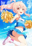  1girl ahoge ass blue_panties blue_shirt blue_skirt blue_sky blush breasts cloud day english_text hands_up highres holding holding_pom_poms leg_up legs long_hair looking_at_viewer miniskirt navel onii-chan_wa_oshimai! outdoors oyama_mahiro panties pink_footwear pink_hair pom_pom_(cheerleading) ponytail shirt sidelocks skirt sky small_breasts socks solo soutou stomach stomach_day sweat tank_top thighs twitter_username underwear wavy_mouth white_socks yellow_eyes 