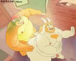  2023 absurd_res anthro asgore_dreemurr balls belly big_belly bovid bovine bowser detailed_background duo erection genitals hi_res koopa male male/male mammal mario_bros moobs nintendo nipples obese obese_male overweight overweight_male penis sato_afroleone scalie sex undertale_(series) white_body 