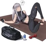  absurdres adidas ak-12_(girls&#039;_frontline) bag bottle breasts closed_eyes cum cum_on_legs digital_media_player duffel_bag dumbbell english_commentary full_body girls&#039;_frontline grey_hair highres large_breasts leg_lift long_hair navel pants penis sidelocks smile spoken_symbol sports_bra sportswear stirrup_legwear toeless_legwear toes water_bottle white_background yoga_mat yoga_pants zhentian_liukuai_qian 