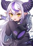  1girl ahoge black_horns braid braided_bangs collar fang grey_hair highres hololive horns imahuku la+_darknesss la+_darknesss_(1st_costume) long_hair looking_at_viewer metal_collar multicolored_hair pointy_ears purple_hair skin_fang sleeves_past_fingers sleeves_past_wrists slit_pupils smile solo streaked_hair striped_horns tongue tongue_out virtual_youtuber yellow_eyes 