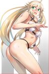  1girl ahoge artoria_caster_(fate) artoria_caster_(swimsuit)_(fate) artoria_pendragon_(fate) ass ayakumo bare_shoulders bikini blonde_hair blush breasts fate/grand_order fate_(series) green_eyes highres long_hair looking_back navel small_breasts solo swimsuit thighs twintails white_bikini 