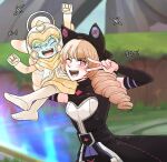  2girls ;d animal_ears arm_up black_dress blonde_hair blurry blurry_background blush boots breasts brown_hair buttons clenched_hand cowboy_shot detached_sleeves dress drill_hair fake_animal_ears gwen_(league_of_legends) highres league_of_legends long_sleeves lulu_(league_of_legends) medium_breasts multiple_girls one_eye_closed outdoors pink_eyes prestige_space_groove_lulu smile soul_fighter_gwen teeth tongue translation_request twin_drills v white_dress xayahsona_27 