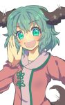  1girl animal_ears dog_ears dog_girl dog_tail dress green_eyes green_hair highres kasodani_kyouko long_sleeves looking_at_viewer motion_lines nayozane_(worker7) open_mouth pink_dress short_hair simple_background solo tail tail_wagging teeth touhou upper_body upper_teeth_only white_background 
