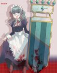  1girl :d alternate_costume apron aqua_hair back_bow bespectacled black-framed_eyewear blood blood_on_clothes blunt_bangs blush bow brown_pantyhose center_frills collared_shirt dress feet_out_of_frame frilled_apron frilled_shirt frills futaba_sana glasses gradient_background green_eyes grey_dress grey_scrunchie hair_ornament hair_scrunchie holding holding_shield juliet_sleeves long_dress long_sleeves looking_at_viewer magia_record:_mahou_shoujo_madoka_magica_gaiden mahou_shoujo_madoka_magica maid maid_headdress medium_hair neck_ribbon open_mouth pantyhose pavise pink_ribbon puffy_sleeves ribbon scrunchie semi-rimless_eyewear shield shirt shirt_under_dress sidelocks skirt_hold sleeve_cuffs smile solo totte twintails under-rim_eyewear waist_apron wavy_hair white_apron white_bow white_shirt 