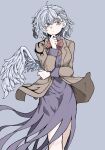  1girl ahoge bow bowtie brown_jacket closed_mouth commentary dress fe_(tetsu) grey_background grey_hair highres jacket kishin_sagume looking_at_viewer purple_dress red_bow red_bowtie red_eyes short_hair simple_background single_wing solo touhou wings 