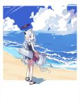  1girl artist_name bare_legs bare_shoulders beach blue_archive blue_one-piece_swimsuit blue_sky closed_mouth cloud day expressionless from_behind gohanduck halo highres hina_(blue_archive) hina_(swimsuit)_(blue_archive) horizon horns innertube long_hair looking_at_viewer looking_back ocean official_alternate_costume one-piece_swimsuit outdoors purple_eyes sandals sky solo sparkle standing swimsuit very_long_hair water white_hair 