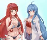  2girls ahoge azur_lane bikini bikini_under_clothes bikini_under_shorts blue_hair breasts cleavage cosplay costume_switch cowboy_shot criss-cross_halter crossover halterneck helena_(azur_lane) helena_(azur_lane)_(cosplay) helena_(kancolle) helena_(kancolle)_(cosplay) helena_(shimmering_triangle_wave)_(azur_lane) highres historical_name_connection jacket kantai_collection long_hair looking_at_viewer multiple_girls name_connection official_alternate_costume red_hair shidas0459 shorts swimsuit trait_connection twitter_username two-tone_bikini visor_cap waving 