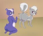  2023 anthro bear big_butt butt disgust disgusted_expression duo female female/female feral fur giant_panda grey_body grey_fur hasbro hell99999 hi_res littlest_pet_shop littlest_pet_shop_(2012) mammal mephitid multicolored_body multicolored_fur open_mouth penny_ling pepper_clark pink_eyes presenting presenting_hindquarters purple_eyes raised_tail shaking_butt skunk tail two_tone_body two_tone_fur wide_hips 