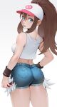  1girl ass bare_arms bare_shoulders baseball_cap blue_eyes brown_hair cheshirrr cowboy_shot denim denim_shorts from_behind hair_between_eyes hat highres hilda_(pokemon) holding holding_poke_ball long_hair looking_back midriff pink_headwear poke_ball pokemon pokemon_(game) pokemon_bw ponytail shiny_skin shorts sidelocks smile solo teeth torn_clothes torn_shorts upper_teeth_only white_headwear wristband 