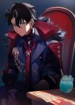  1boy black_choker black_gloves black_hair black_sleeves chair choker closed_mouth coat cup drinking_straw earrings fingerless_gloves fur_trim genshin_impact gloves hair_between_eyes highres jewelry looking_at_viewer male_focus multicolored_hair necktie own_hands_together paper potetwo_2 red_necktie scar scar_on_face shadow short_hair sigewinne_(genshin_impact) solo streaked_hair table upper_body wriothesley_(genshin_impact) 