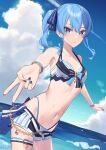  1girl bare_shoulders bikini bikini_shorts blue_eyes blue_hair blue_nails blue_sky bracelet breasts cloud cowboy_shot day earrings hair_ribbon highres hololive hoshimachi_suisei jewelry looking_at_viewer navel ocean outstretched_arm ribbon short_shorts shorts side_ponytail sky small_breasts solo star_(symbol) star_earrings star_in_eye stomach swimsuit symbol_in_eye thigh_strap v virtual_youtuber water wet you06 