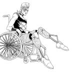  1boy amputee double_amputee earrings flattop hage_tashuumi jean_pierre_polnareff jewelry jojo_no_kimyou_na_bouken male_focus monochrome mullet official_style prosthesis prosthetic_leg scar scar_across_eye solo vento_aureo wheelchair 