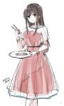  1girl akagi_(kancolle) alternate_costume artist_name black_hair brown_eyes chopsticks dated dress feet_out_of_frame highres kantai_collection kirisawa_juuzou long_hair plate red_dress simple_background solo white_background 