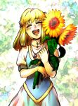  1girl :d aged_down blush bow closed_eyes dress flower gensou_suikoden gensou_suikoden_iii hair_bow ikunosake jewelry long_hair necklace open_mouth sarah_(suikoden) smile solo sunflower 