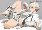  1boy animal_hands animal_print arm_support black_necktie blush bridal_legwear brown_eyes bulge bungou_stray_dogs character_request closed_mouth eyelashes feet foot_up full_body gloves grey_background grey_hair grey_shorts grey_socks hand_up jjw1029 knee_up legs long_sleeves looking_at_viewer lying male_focus midriff navel necktie no_pants no_shoes on_back paw_gloves shiny_skin shirt short_hair shorts socks thighs tiger_print toenails toes twitter_username two-tone_background underwear white_background white_shirt 