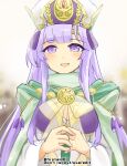  1girl breasts cape circlet cleavage dress facing_viewer fire_emblem fire_emblem:_genealogy_of_the_holy_war fire_emblem_heroes green_cape hat jewelry julia_(fire_emblem) julia_(scion)_(fire_emblem) long_hair looking_at_viewer official_alternate_costume open_mouth own_hands_together purple_eyes purple_hair simple_background solo yukia_(firstaid0) 